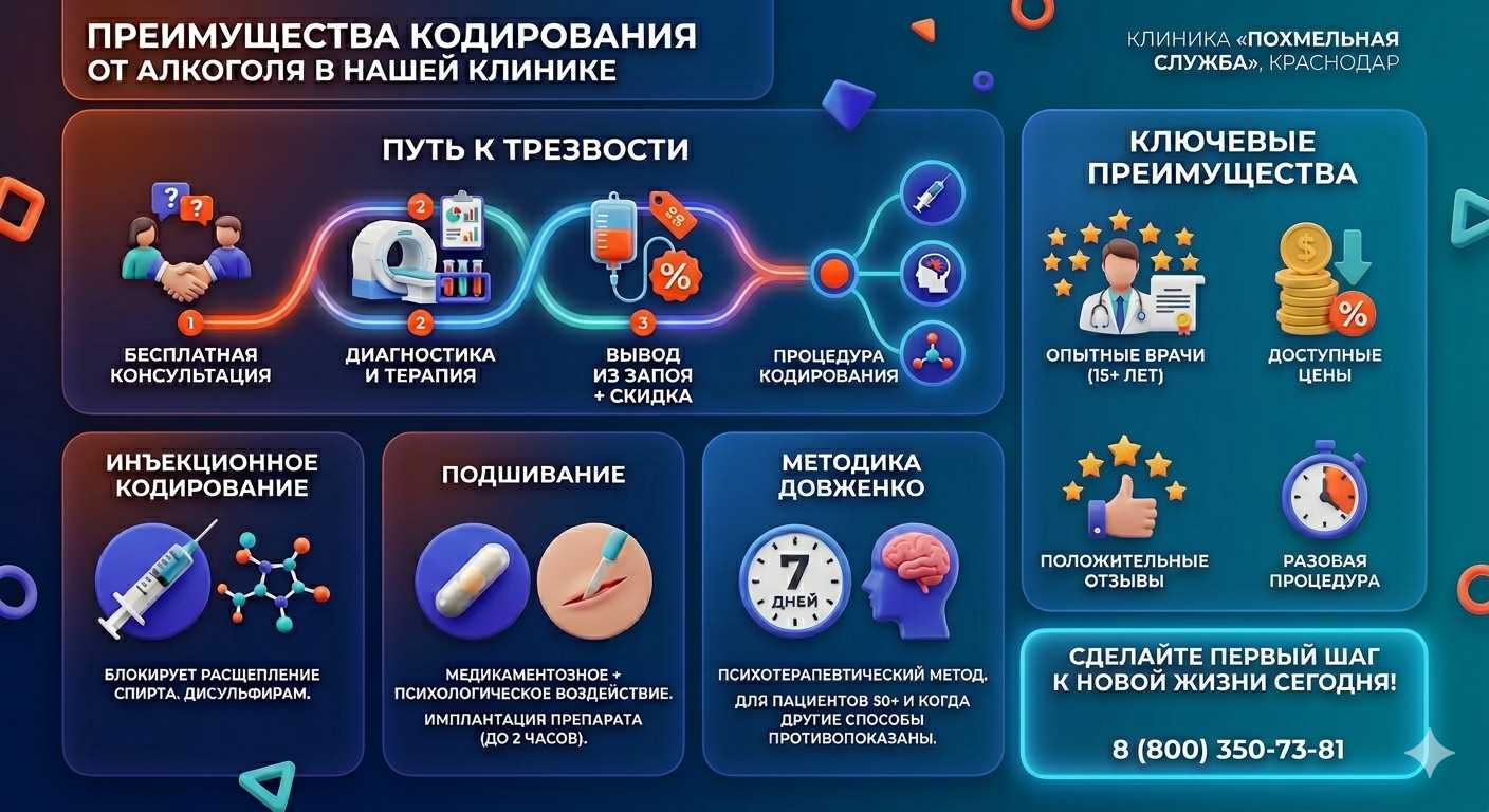 Инфографика о методах кодирования от алкоголя в Острогожске: инъекции, подшивание, метод Довженко. Преимущества клиники и этапы лечения.